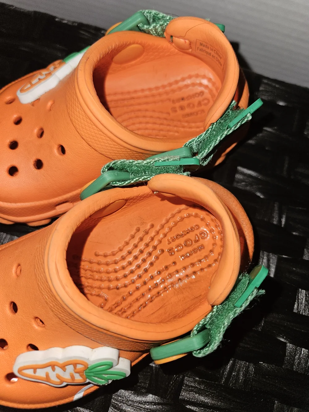 CROCS Kids Orange Clogs with Green Strap and Carrot Charm